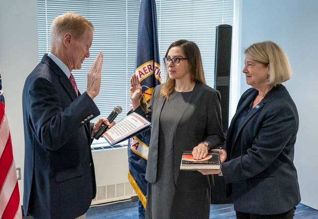 <p>Nasa administrator Bill Nelson (left) swears in Dr Makenzie Lystrup (centre) as director of Goddard Space Flight Center, as Nasa deputy administrator Pam Melroy looks on in 6 April 2023</p>