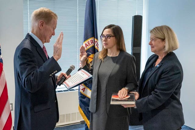 <p>Nasa administrator Bill Nelson (left) swears in Dr Makenzie Lystrup (centre) as director of Goddard Space Flight Center, as Nasa deputy administrator Pam Melroy looks on in 6 April 2023</p>