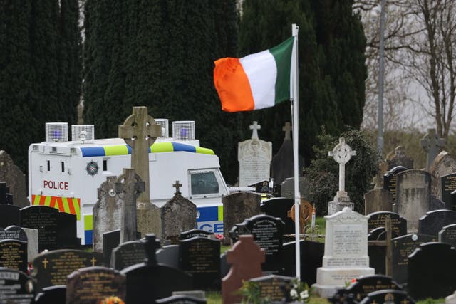 A PSNI vehicle inside Derry City Cemetery, which is temporarily closed as Army Technical Officers check for devices, following a dissident Republican parade in the Creggan area of Londonderry on Easter Monday. Picture date: Tuesday April 11, 2023.