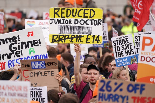 People take part in a rally in Trafalgar Square, central London, in support of striking NHS junior doctors (Kirsty O’Connor/PA)