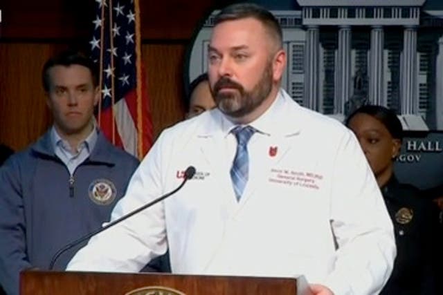 <p>Dr Jason Smith, the chief medical officer of UofL Health who has been treating the victims of Monday’s attack, choked up with emotion as he begged lawmakers to ‘do something’</p>