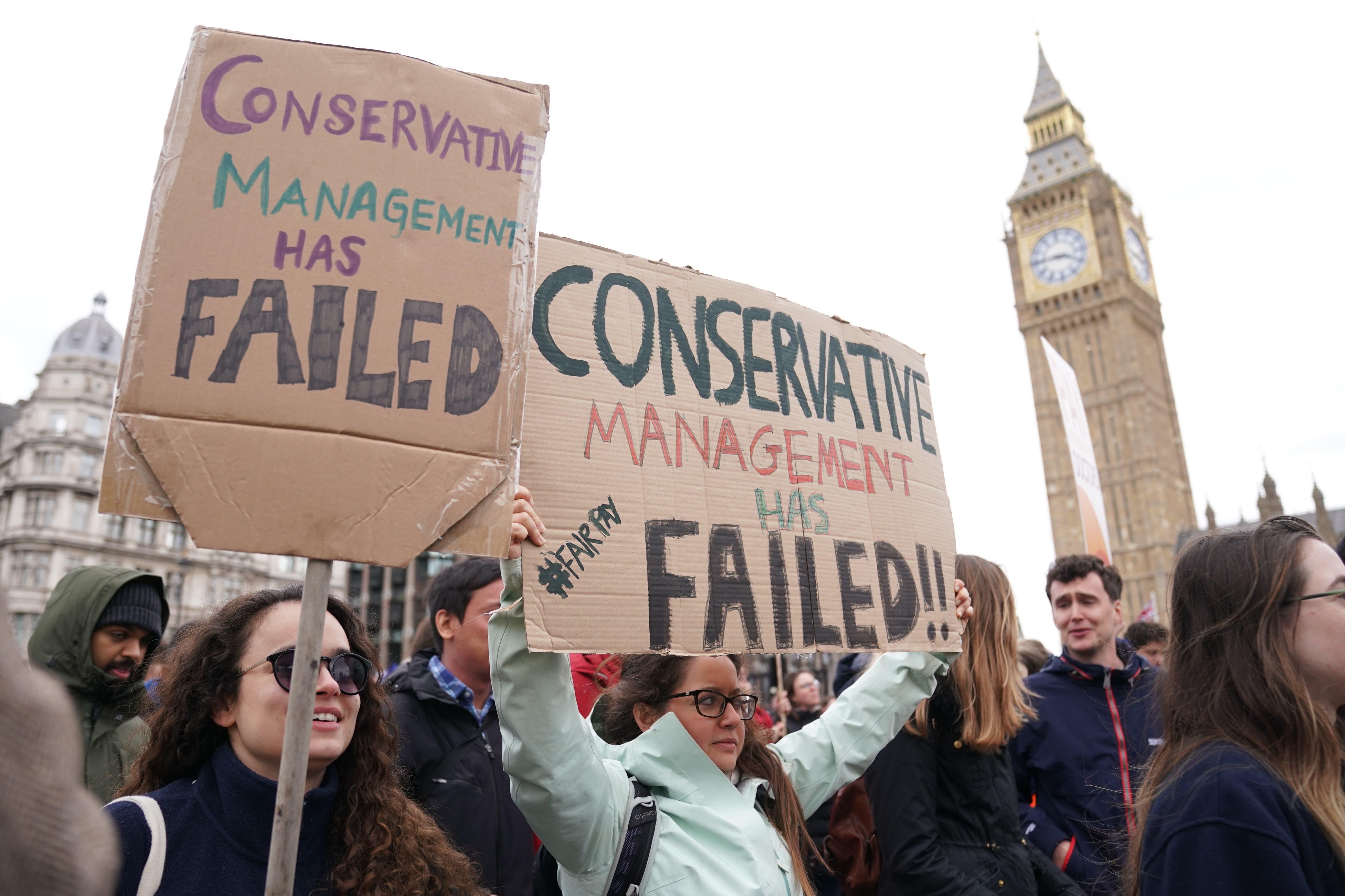 People take part in a rally in Trafalgar Square in London, in support of striking NHS junior doctors (Kirsty O’Connor/PA)