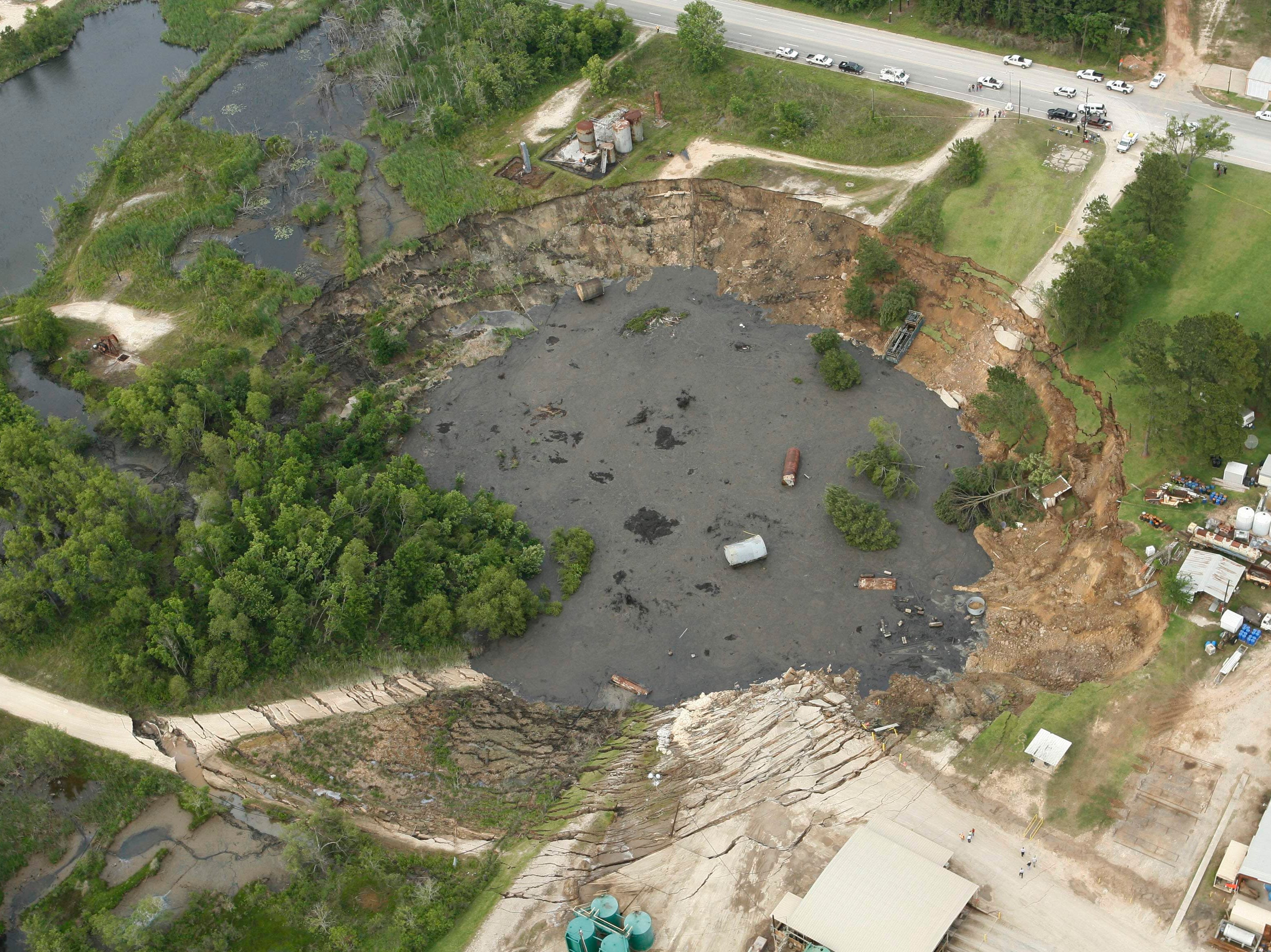 A massive sinkhole near Daisetta, Texas is seen Wednesday afternoon, May 7, 2008