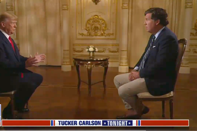 <p>Donald Trump speaks to Tucker Carlson in an interview for Fox News</p>