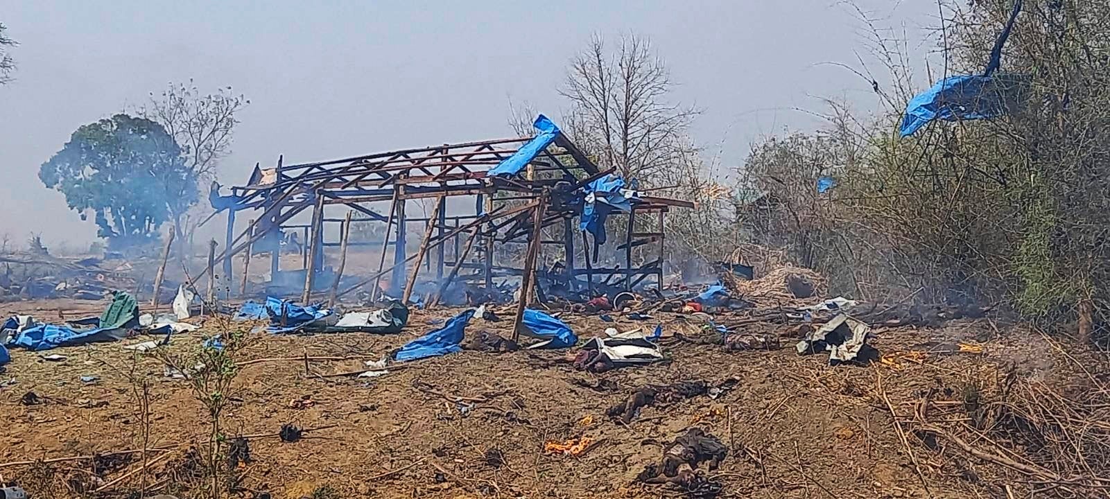 <p>Aftermath of the airstrike in Pazigyi village in Sagaing Region's Kanbalu Township</p>