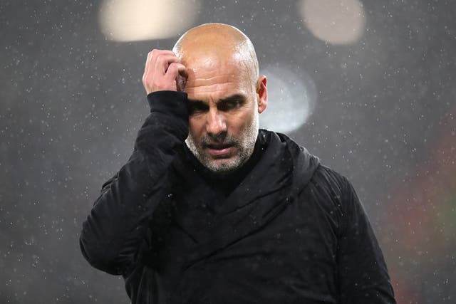 <p>Pep Guardiola reacts during City’s quarter-final with Bayern Munich</p>