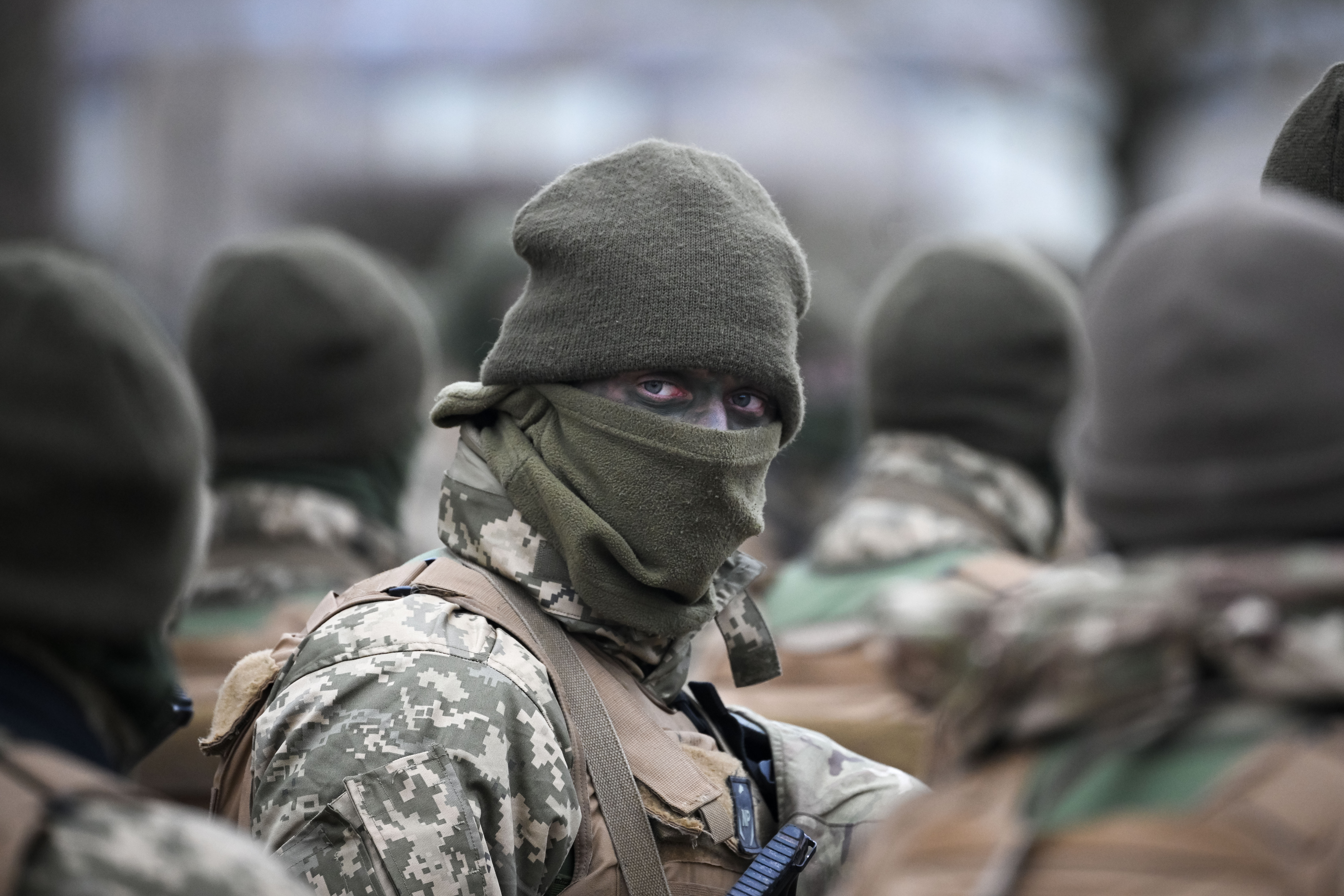 A Ukrainian soldier is seen before the service near Salisbury, England