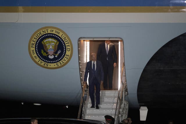 US President Joe Biden arrives on Air Force One (Charles McQuillan/PA)