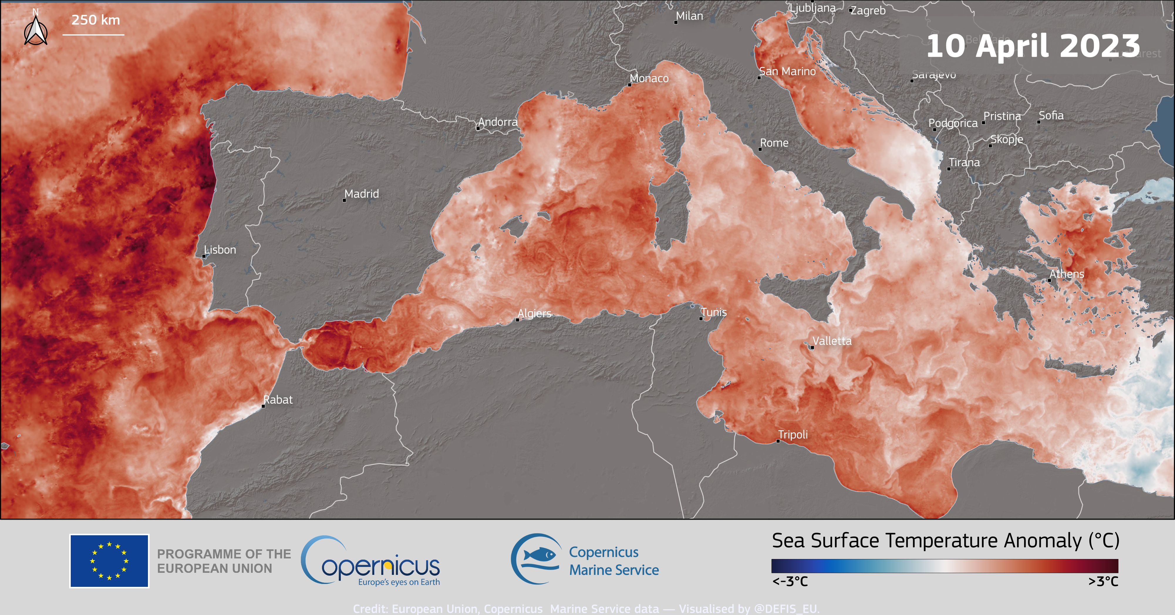 This image illustrates the Sea Surface Temperature (SST) anomaly in the Mediterranean and off the Atlantic coasts of the Iberian Peninsula and North Africa, using data from the Copernicus Marine Service