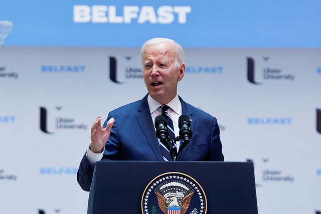 <p>Joe Biden speaks in Belfast on 25th anniversary of the Good Friday Agreement</p>