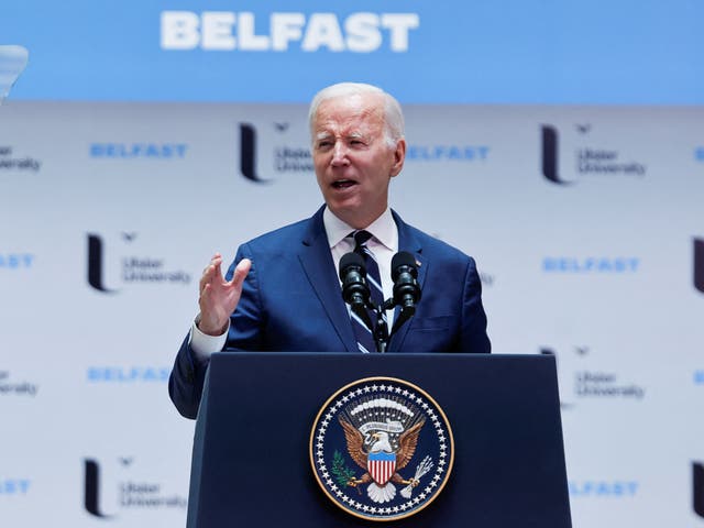 <p>Joe Biden speaks in Belfast on 25th anniversary of the Good Friday Agreement</p>