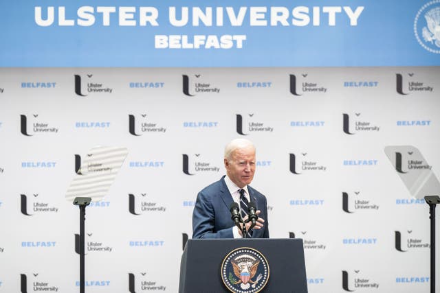 US President Joe Biden delivers his keynote speech at Ulster University in Belfast, during his visit to the island of Ireland (Aaron Chown/PA)