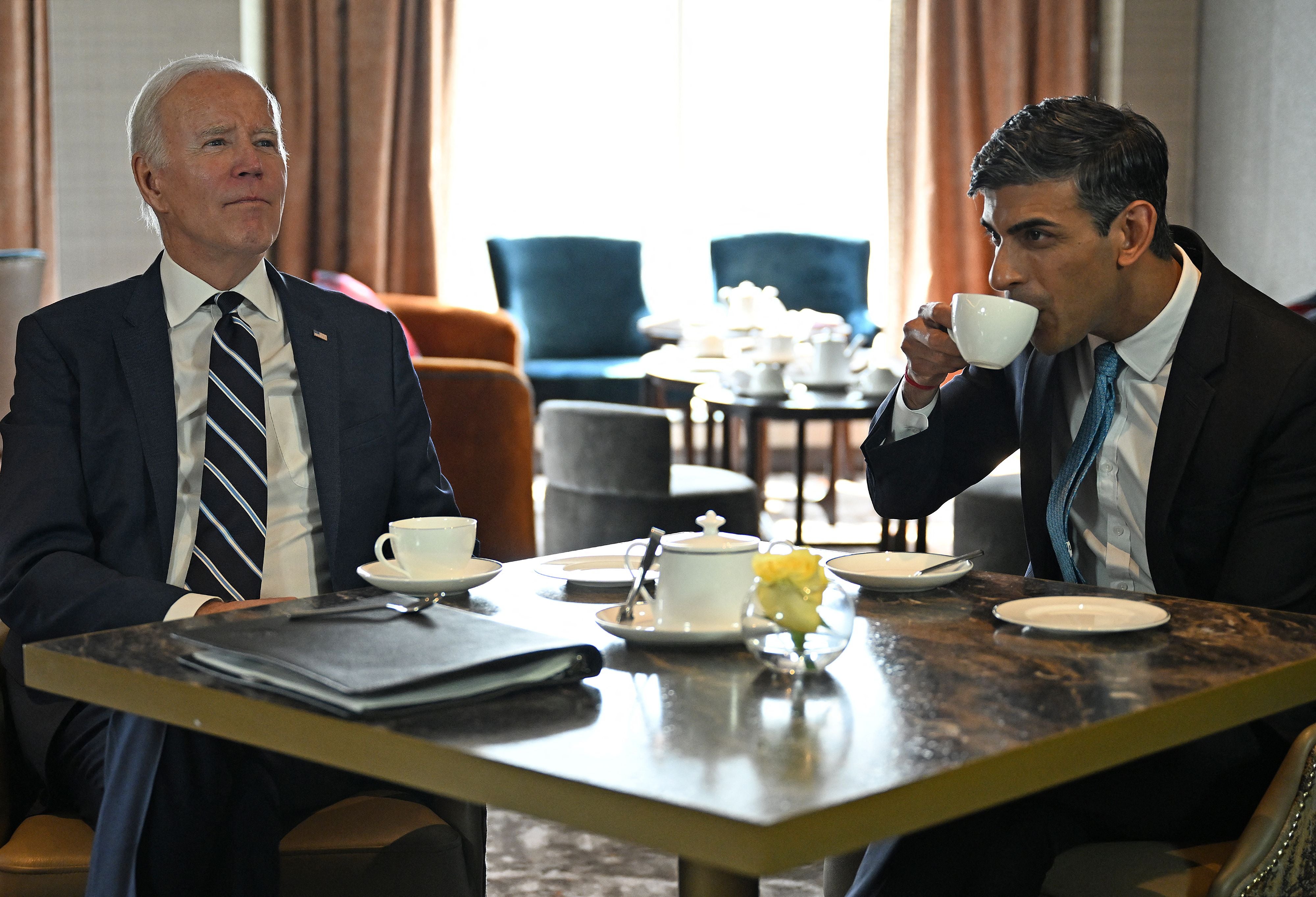 <p>Sunak and Biden in Belfast’s Grand Central Hotel this morning</p>