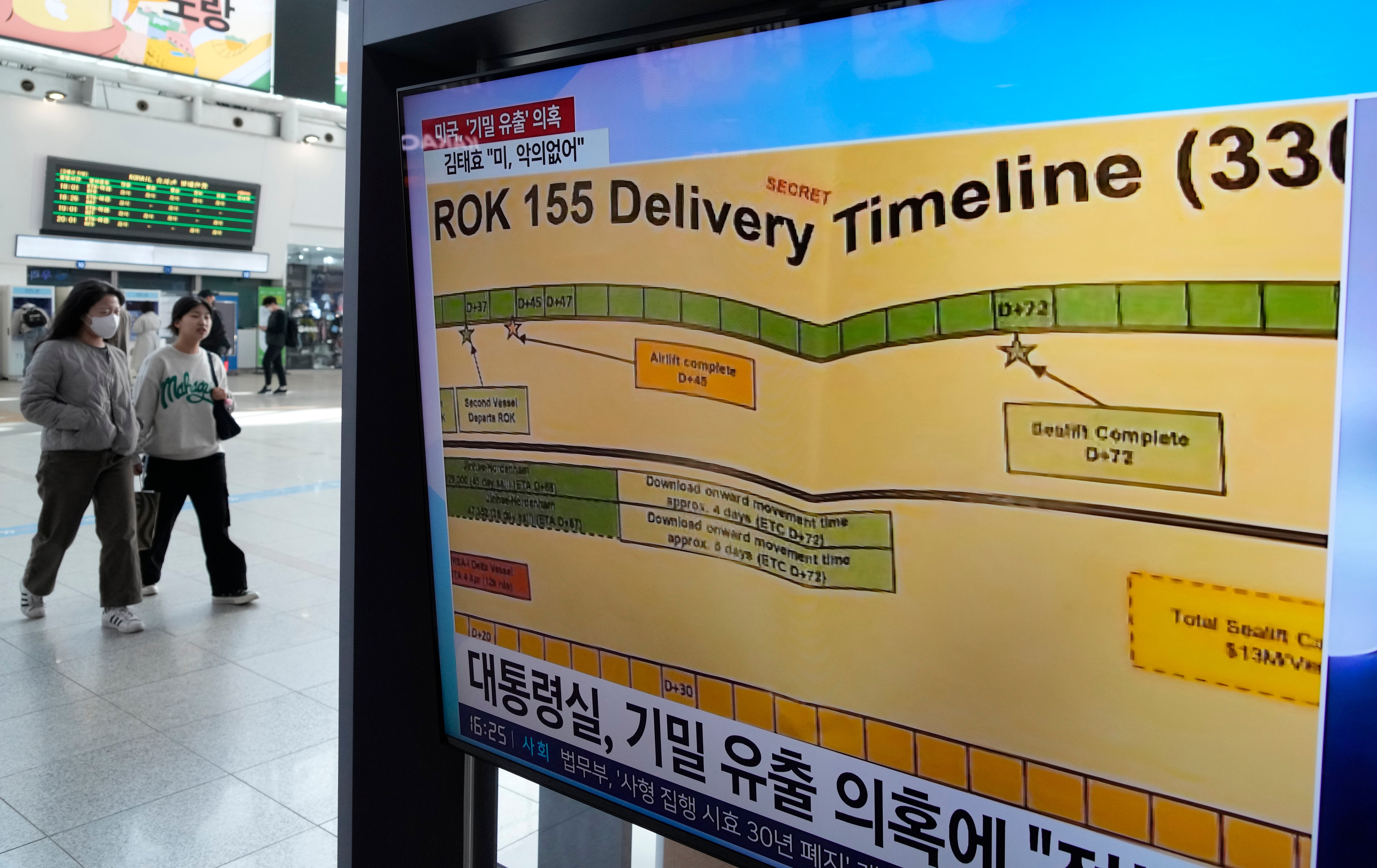 A TV screen shows a news program reporting on the leaked Pentagon documents at the Seoul Railway Station in Seoul, South Korea