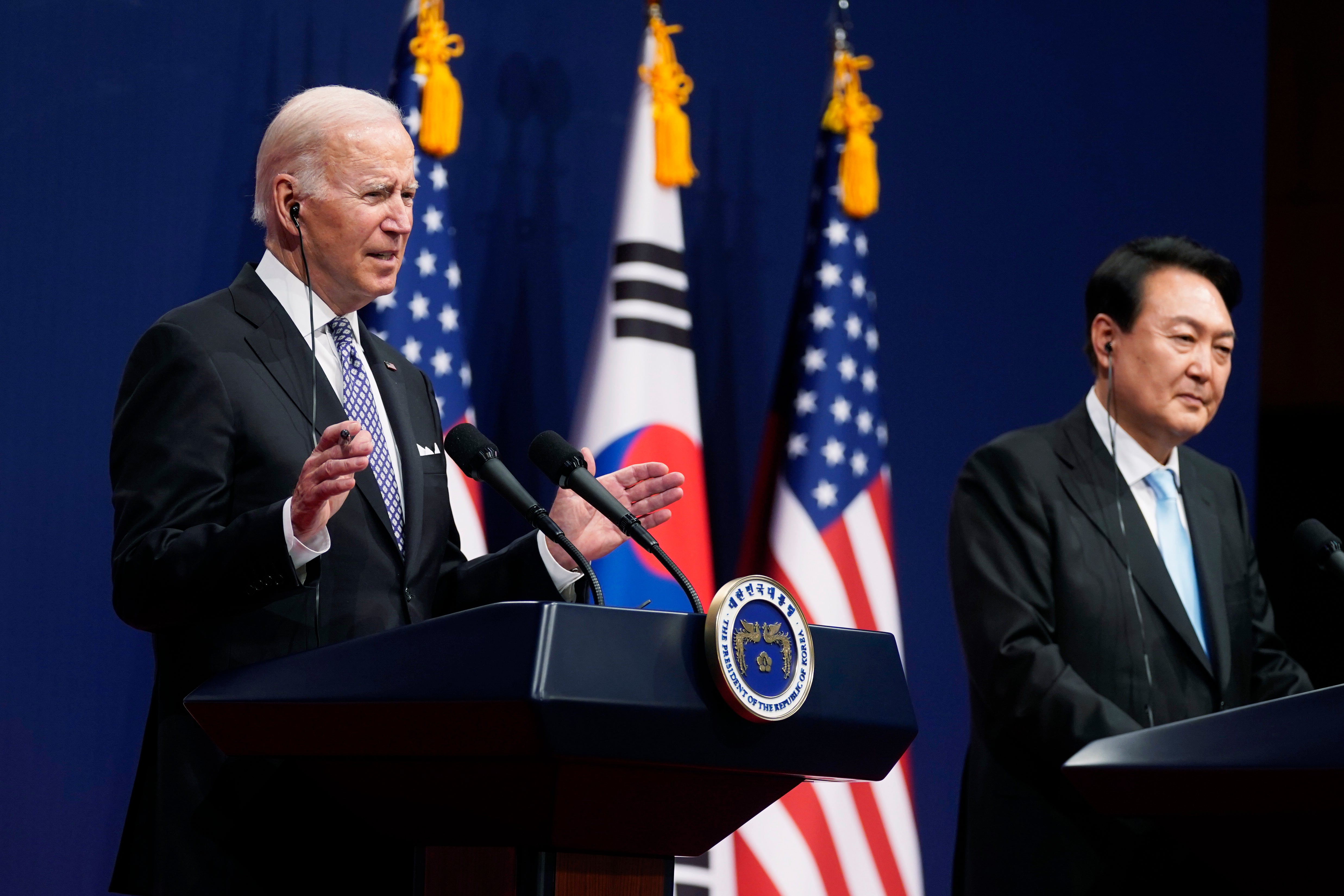 <p>File US president Joe Biden, left, speaks as South Korean President Yoon Suk-yeol listens during a news conference at the People's House inside the Ministry of National Defense last year </p>