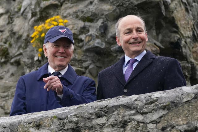 US president Joe Biden with Tanaiste Micheal Martin at Carlingford Castle (Brian Lawless/PA)