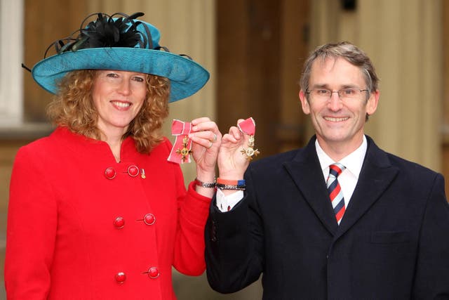 File image of founders of Hope for Heroes Emma and Bryn Parry, with their OBE medals, awarded by the Princess Royal at an investiture ceremony at Buckingham Palace, London.