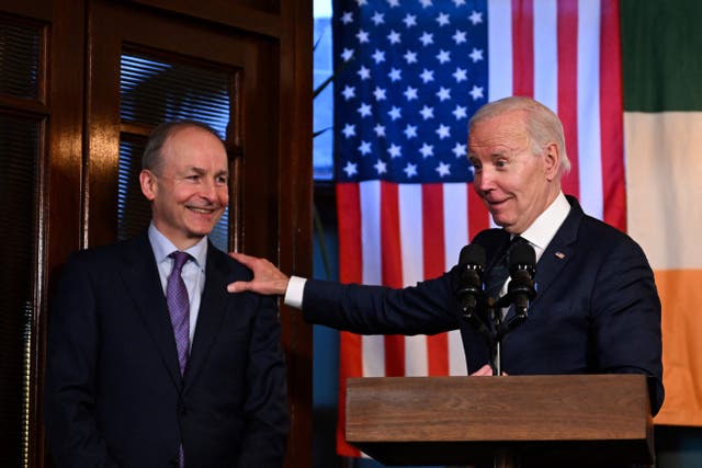 <p>Biden with Irish deputy prime minister Micheal Martin during a joint speech at the Windsor Bar in Dundalk</p>