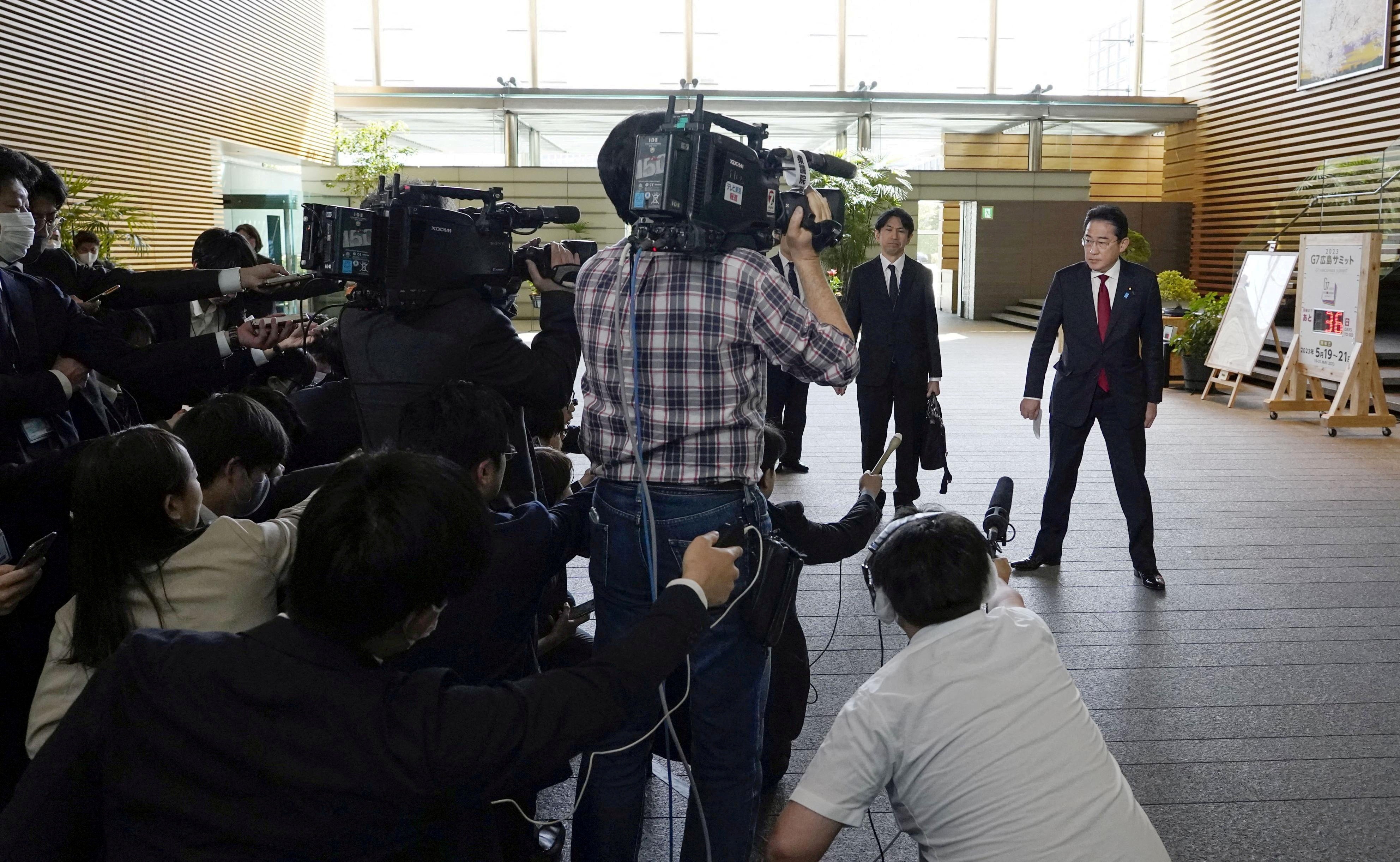 Japanese prime minister Fumio Kishida speaks to the media after North Korea fired a ballistic missile, in Tokyo