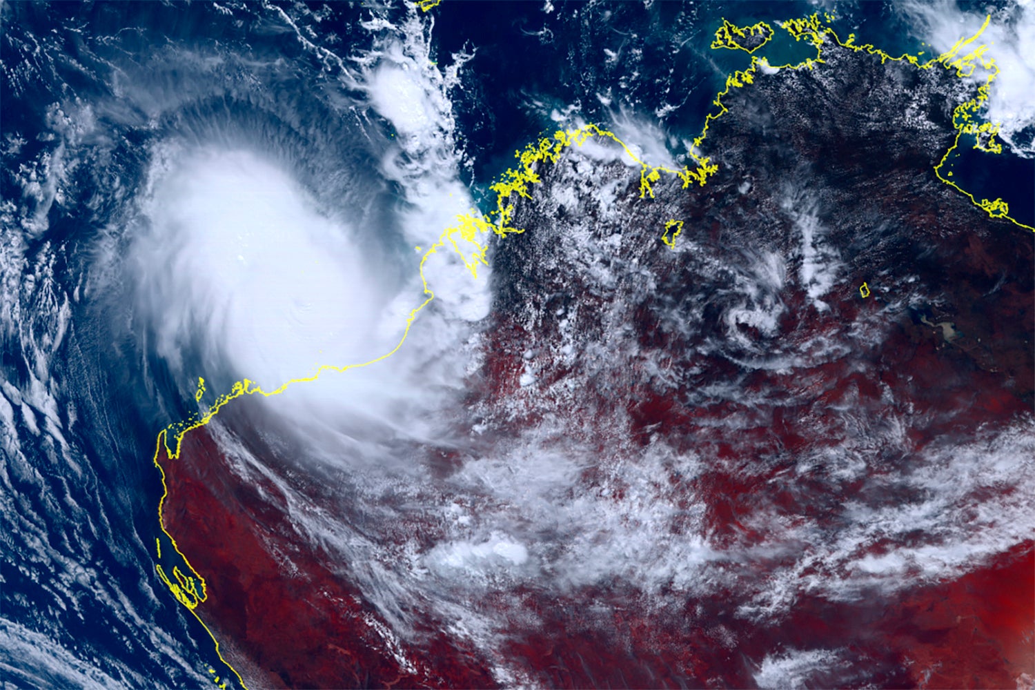 This satellite image taken by Himawari-8, a Japanese weather satellite, and provided by National Institute of Information and Communications Technology, shows cyclone Ilsa approaching Australia's west coast