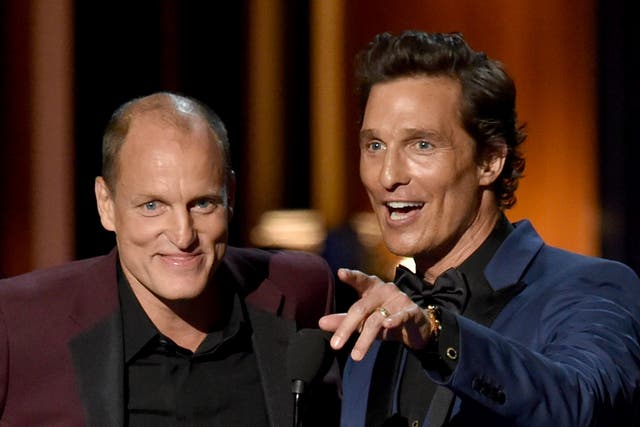 <p>Harrelson and McConaughey at the 2014 Emmys</p>