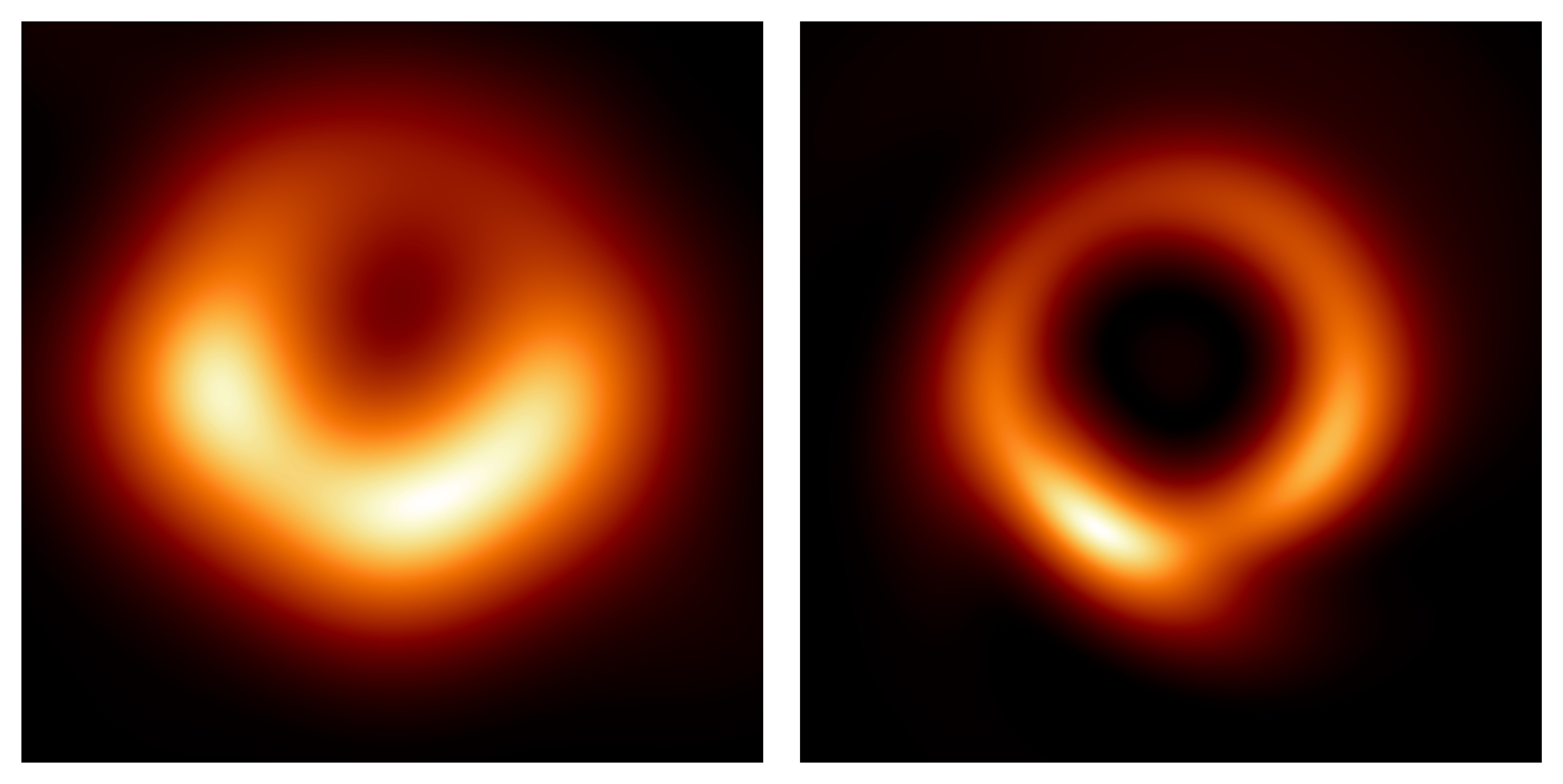 M87 supermassive black hole originally imaged by the EHT collaboration in 2019 (left); and new image generated by the PRIMO algorithm using the same data set (right)