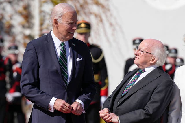 President Joe Biden talks with Irish President Michael Higgins as he arrives at Aras an Uachtarain (Patrick Semansky/AP)