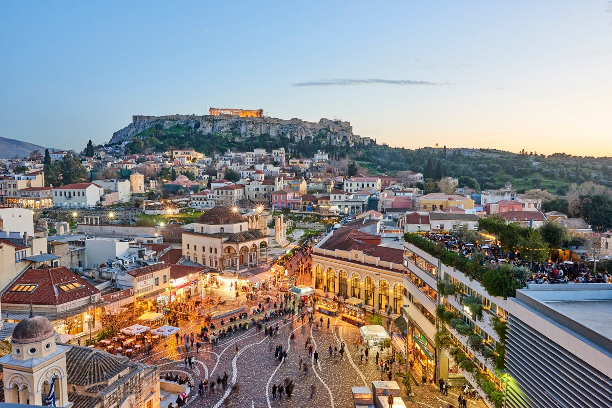 A view of Athens with the Acropolis in the background.
