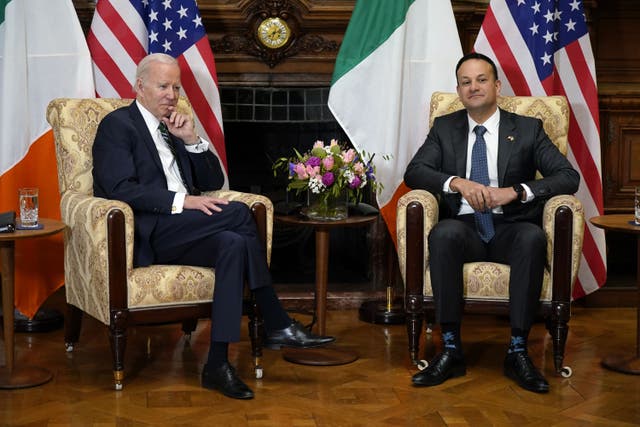 <p>US President Joe Biden meeting Taoiseach Leo Varadkar at Farmleigh House, Dublin, on day three of his visit to the island of Ireland (Niall Carson/PA)</p>