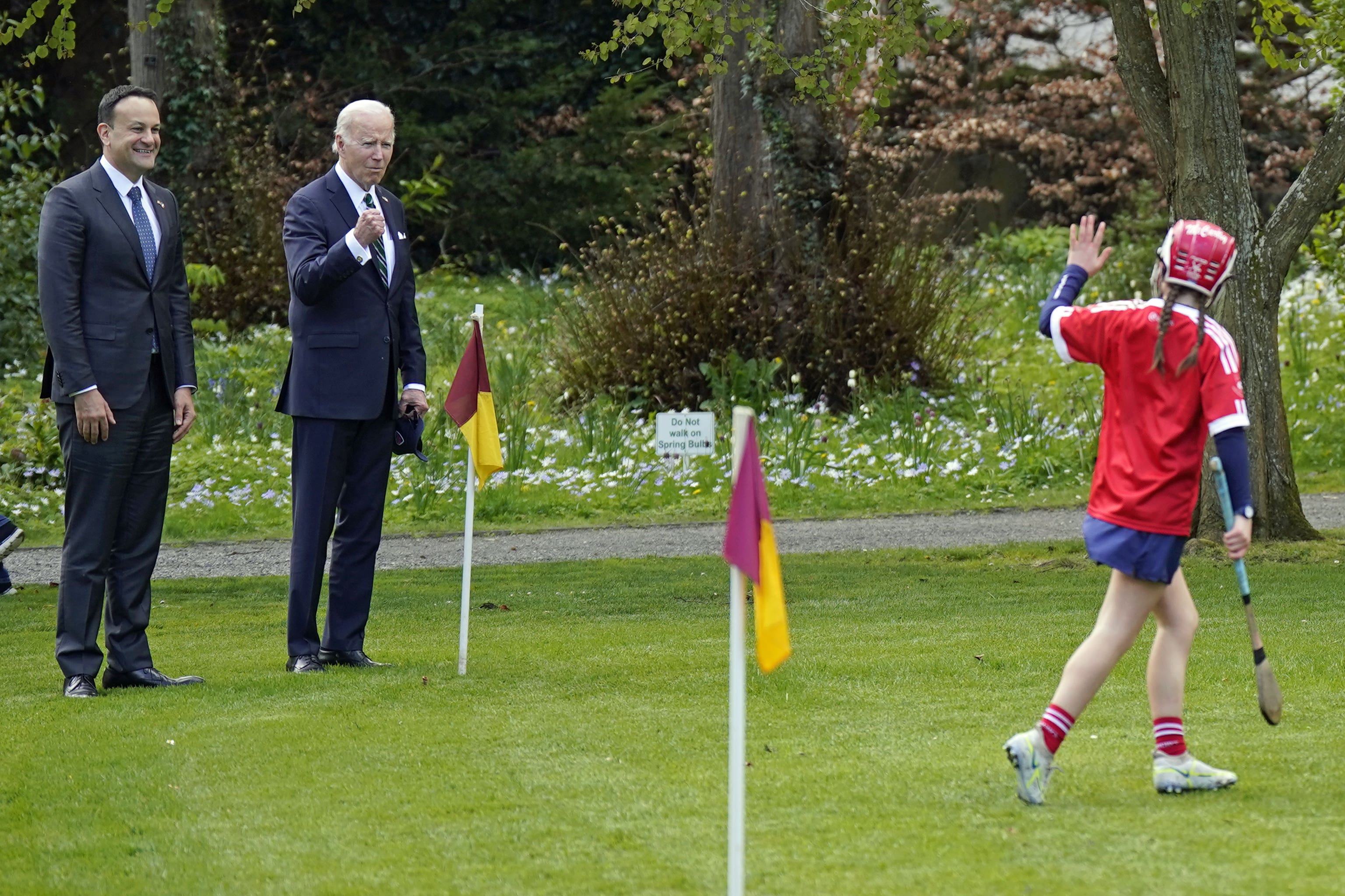 US president Joe Biden and Taoiseach Leo Varadkar watch a camogie game at Farmleigh House, Dublin (Niall Carson/PA)
