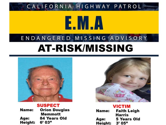 <p>Orion Douglas Memmott, 84, and Faith Leigh Harris, 5, pictured on a California Highway Patrol endangered missing advisory after the girl was taken from her North Carolina home. She has since been located</p>