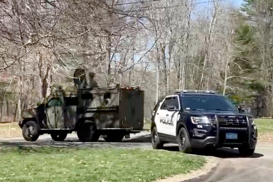 Police block a road during the arrest of the Pentagon leaks suspect