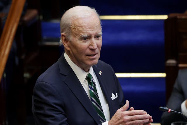 <p>Joe Biden addressing the Oireachtas Eireann (Tony Maxwell/PA)</p>