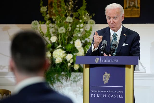 <p>President Joe Biden speaks during a banquet dinner at Dublin Castle</p>
