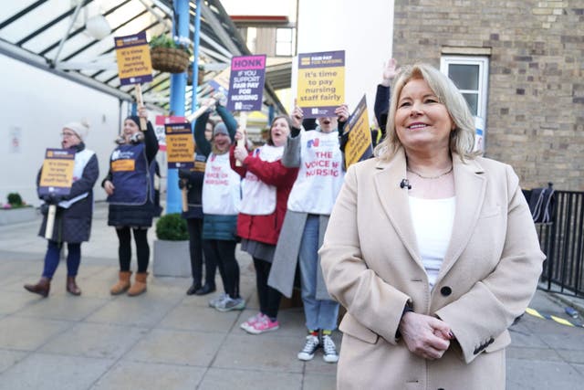 Royal College of Nursing general secretary Pat Cullen joined the picket line outside Great Ormond Street Hospital in London during a strike by nurses and ambulance staff (PA)