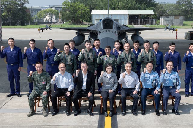 <p>Taiwan President Tsai Ing-wen poses for a picture during her visit to the 3rd Tactical Fighter Wing of Taiwan Air Force in Taichung, Taiwan</p>