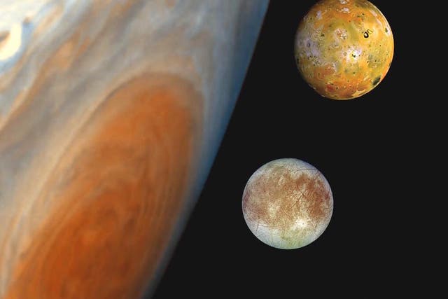 <p>This ‘family portrait’ shows a composite of images of Jupiter, including it’s Great Red Spot, and its moons</p>