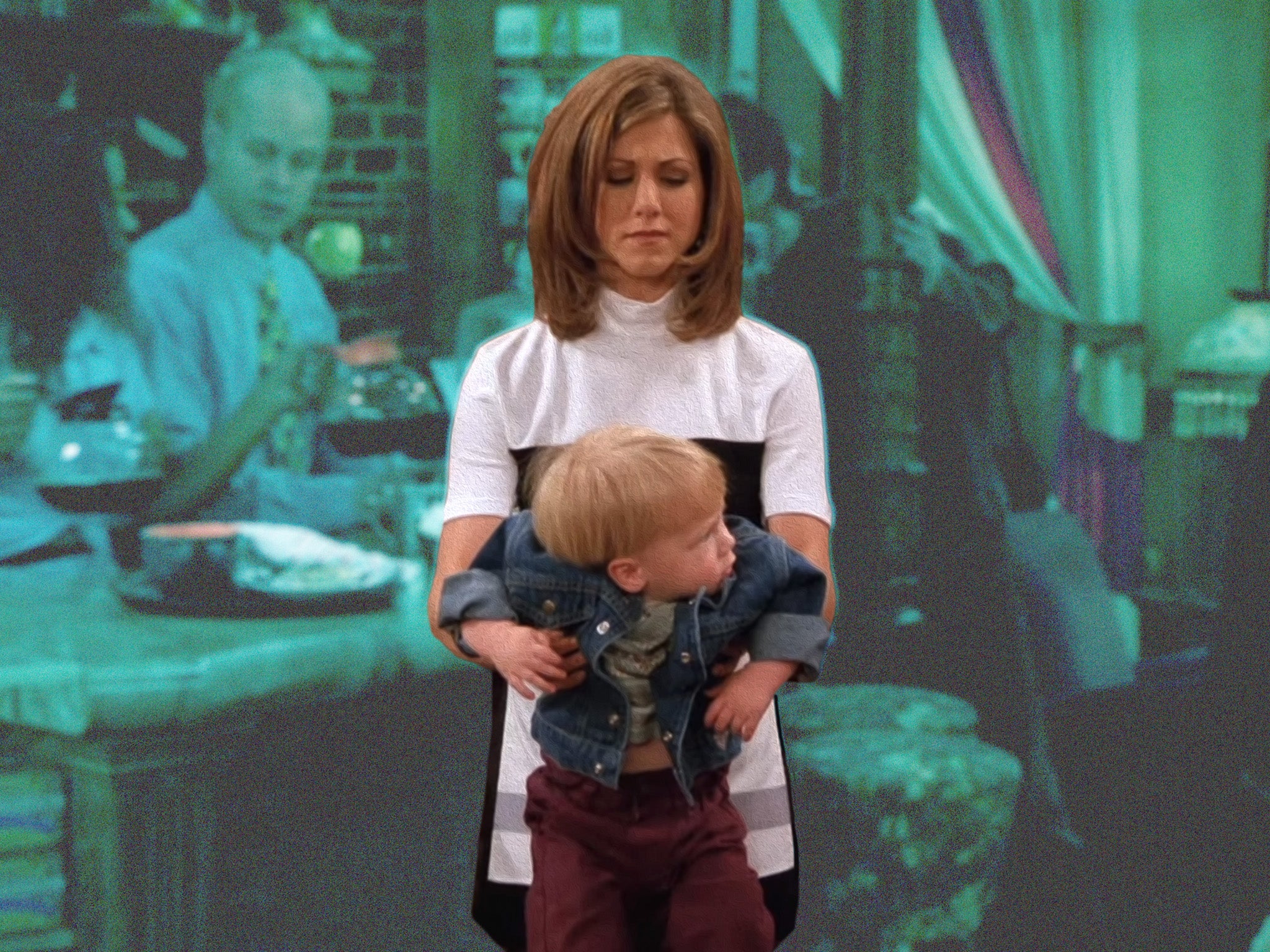 Jennifer Aniston’s Rachel, at this point sans children, struggles to hold her boyfriend’s baby in an early episode of ‘Friends’