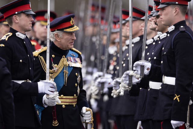 The King inspects Officer Cadets on parade during the 200th Sovereign’s Parade (Dan Kitwood/PA)