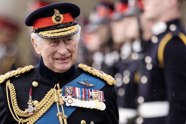 The King inspects officer cadets on parade during the 200th Sovereign’s Parade (Dan Kitwood/PA)