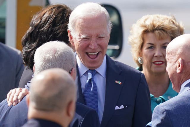 US President Joe Biden is welcomed as he arrives at Ireland West Airport in Co Mayo (Niall Carson/PA)