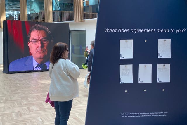 Agreement, a new exhibition of video portraits of 14 political leaders who negotiated the Belfast/Good Friday,has opened at the Ulster University campus in Belfast. (Rebecca Black/PA)