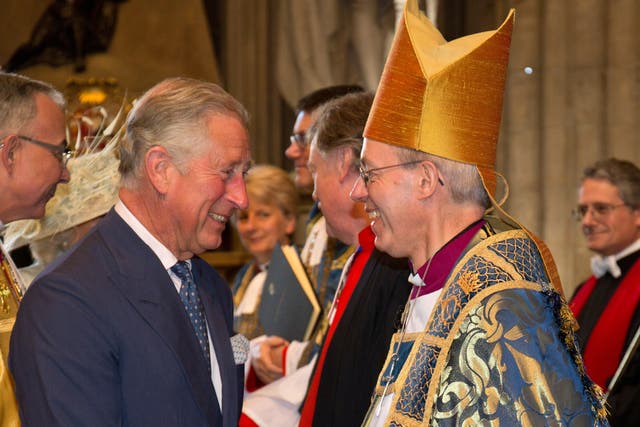 <p>King Charles, previously the Prince of Wales, greets the Archbishop of Canterbury Justin Welby in 2013. The monarch will be anointed by the Archbishop during the coronation ceremony on 6 May 2023</p>