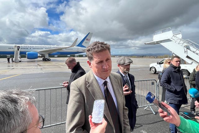 Transport minister Eamon Ryan speaks to reporters, as US President Joe Biden arrives at Ireland West Airport Knock, in County Mayo