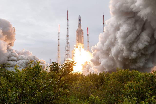 <p>The Ariane 5 rocket blasts off from French Guiana on Friday morning </p>