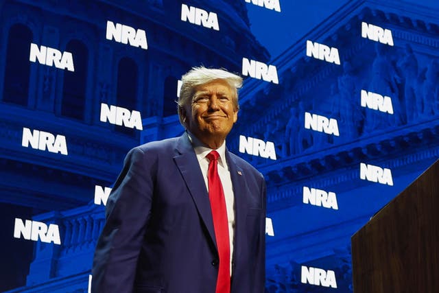 <p>Former U.S. President Donald Trump attends the National Rifle Association (NRA) annual convention in Indianapolis, Indiana, U.S., April 14, 2023</p>