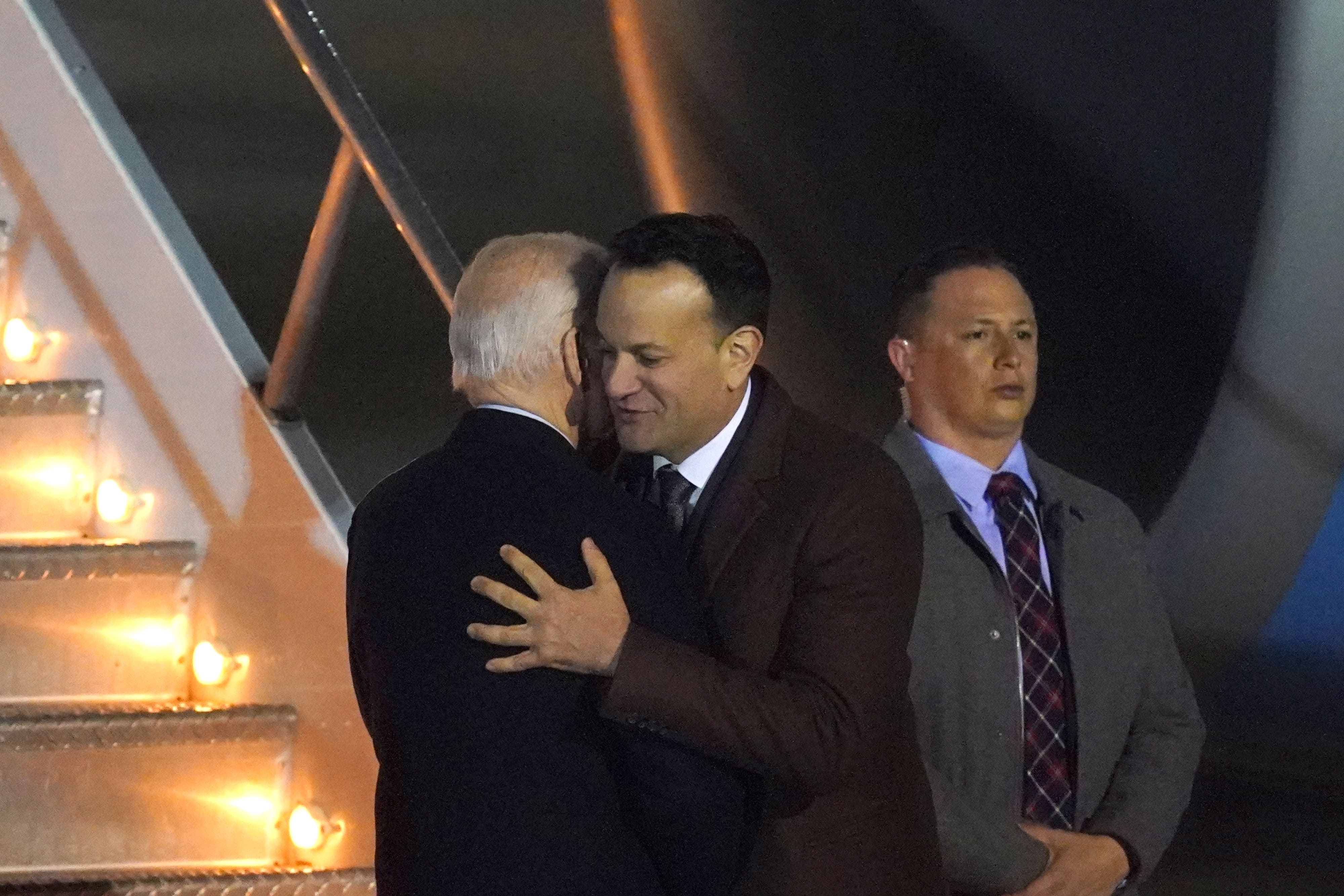 US President Joe Biden (left) hugs Taoiseach Leo Varadkar as he boards a plane to leave Ireland West Airport Knock, in County Mayo, on the last day of his visit to the island of Ireland. Picture date: Friday April 14, 2023.