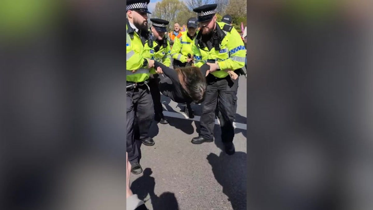 Police carry protester away as Animal Rising demonstration held outside Grand National