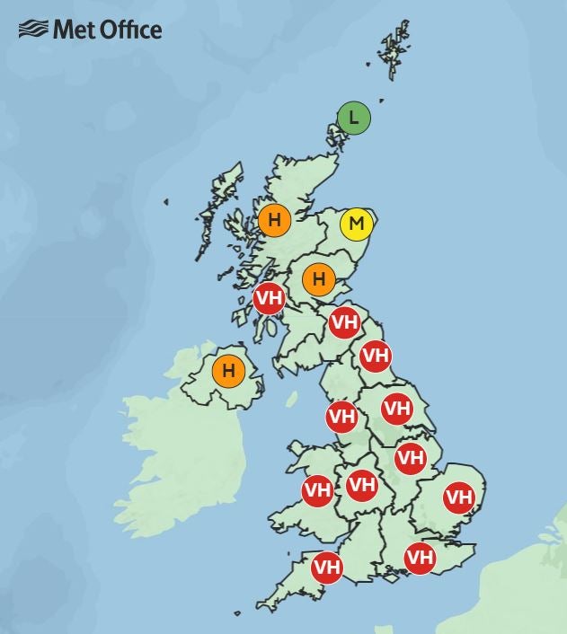 Most of the UK is expected to be impacted by the high levels of pollen on Monday