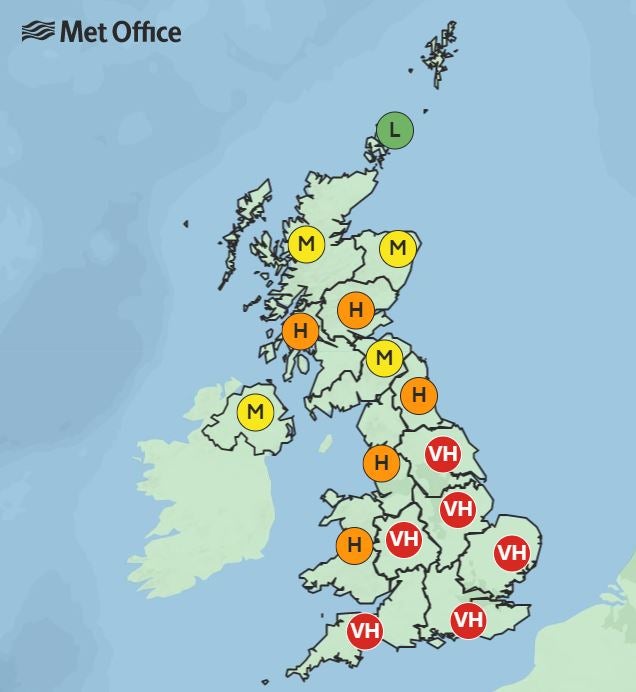 All of England bar the north will be hit by soaring pollen levels on Sunday